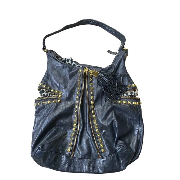 Betsey Johnson Studded Leather Hobo Bag Tassel Accent & Leopard Print Lining - Picture 2 of 9